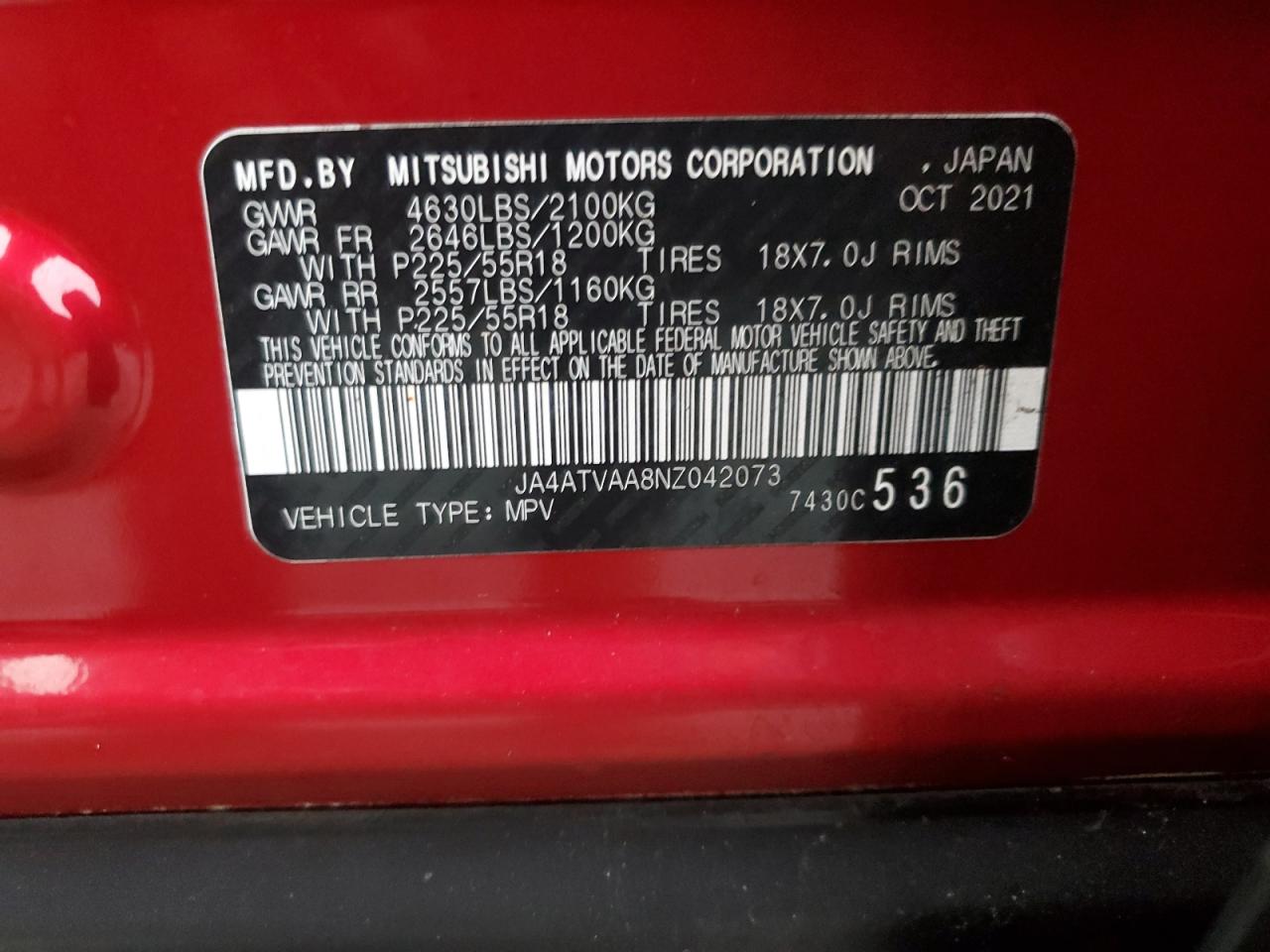 2022 MITSUBISHI ECLIPSE CROSS LE VIN:JA4ATVAA8NZ042073