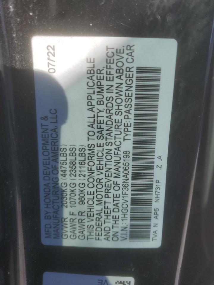 2022 HONDA ACCORD SPORT VIN:1HGCV1F36NA065198