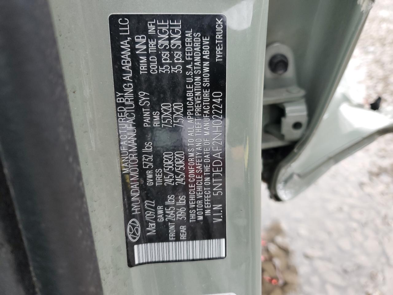 2022 HYUNDAI SANTA CRUZ LIMITED VIN:5NTJEDAF2NH022240