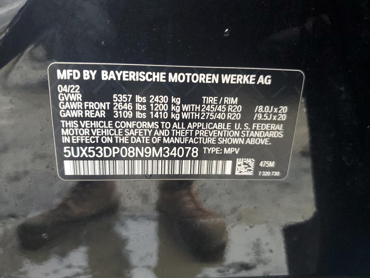 2022 BMW X3 XDRIVE30I VIN:5UX53DP08N9M34078