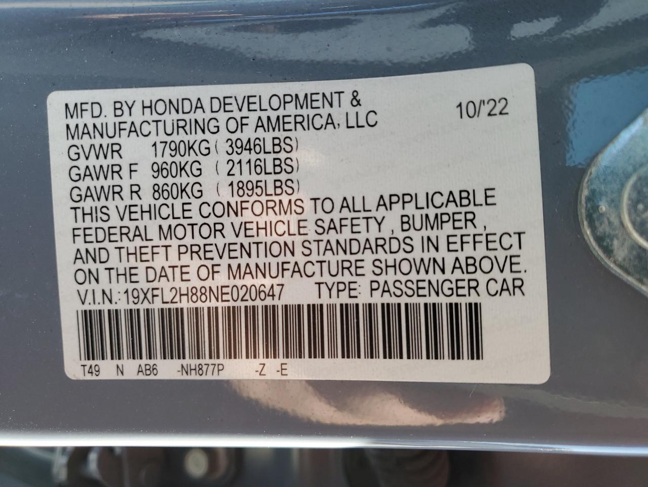 2022 HONDA CIVIC SPORT VIN:19XFL2H88NE020647