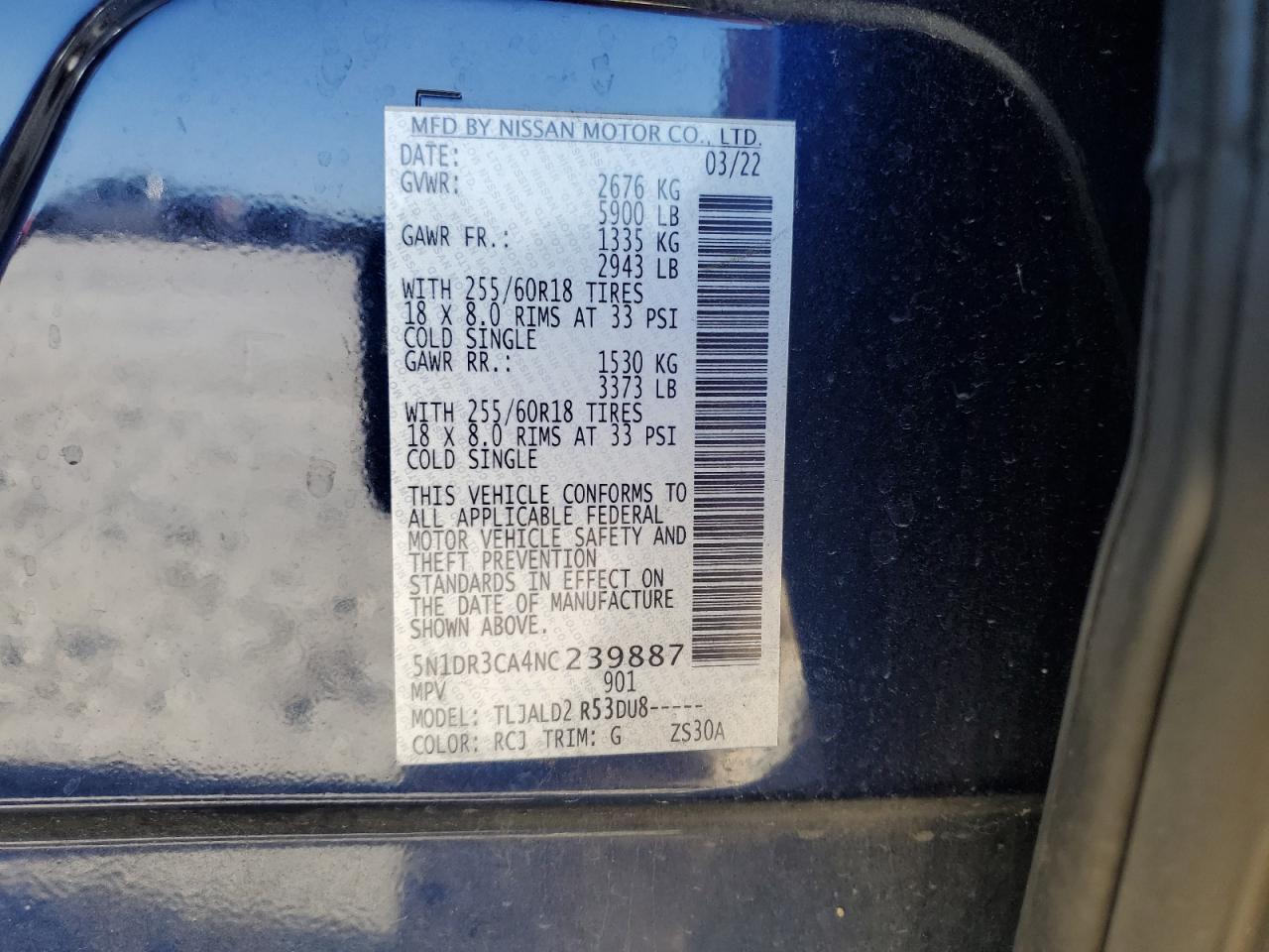 2022 NISSAN PATHFINDER SL VIN:5N1DR3CA4NC239887