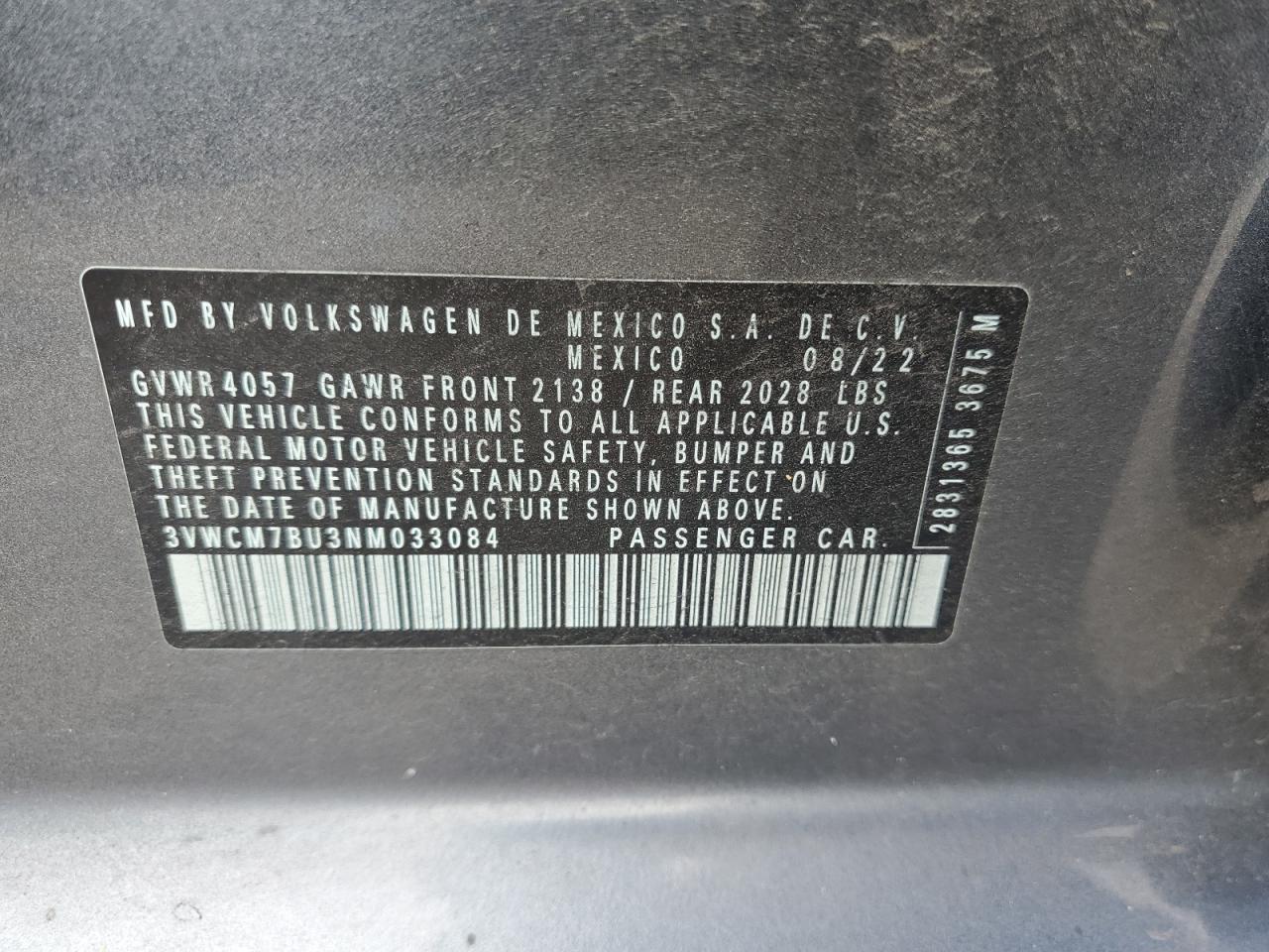 2022 VOLKSWAGEN JETTA S VIN:3VWCM7BU3NM033084