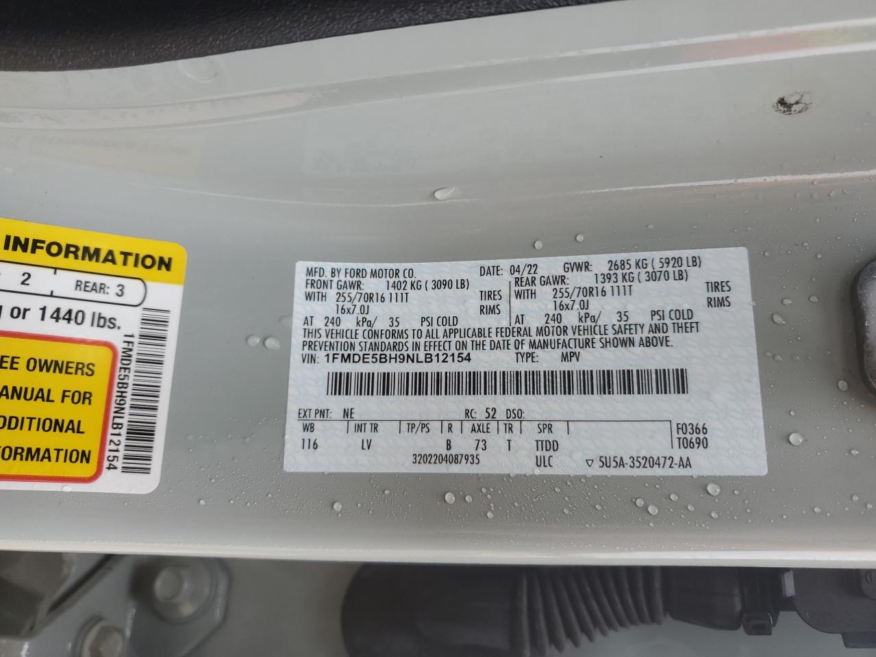 2022 FORD BRONCO BASE VIN:1FMDE5BH9NLB12154