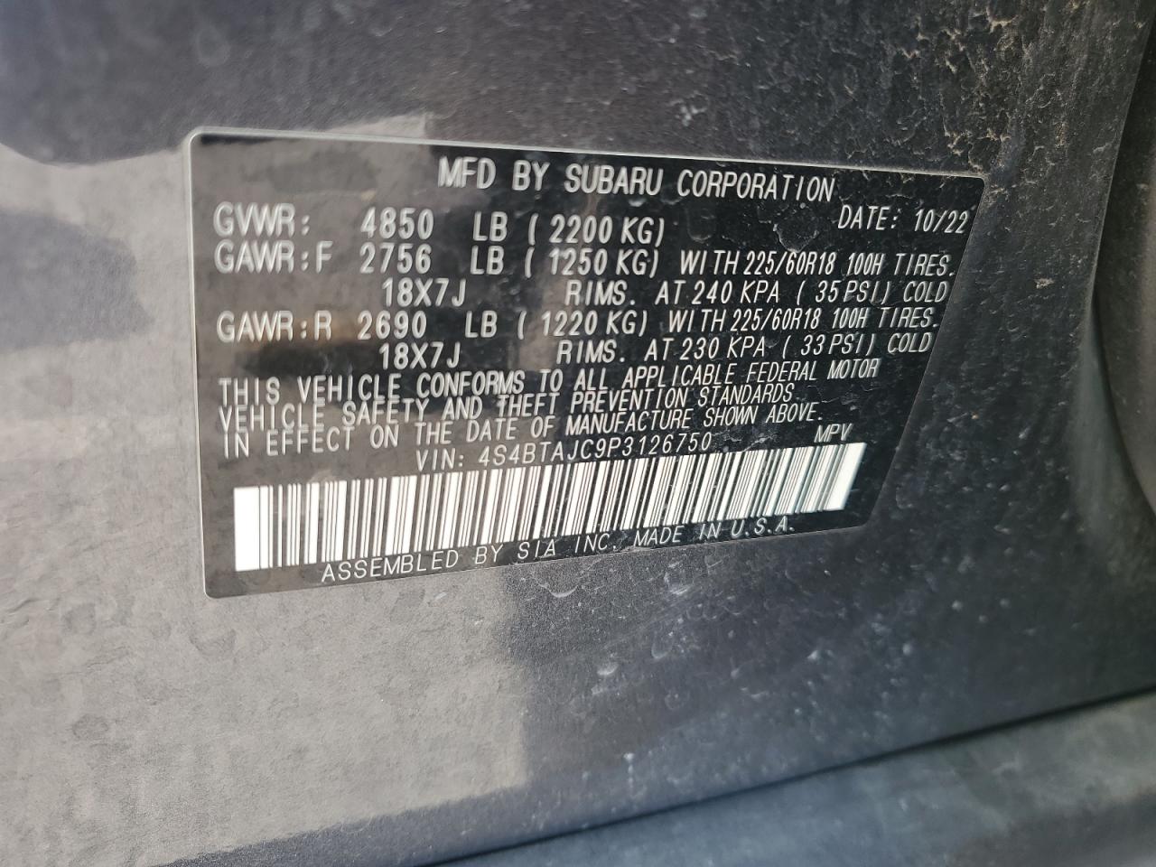 2023 SUBARU OUTBACK ONYX EDITION VIN:4S4BTAJC9P3126750