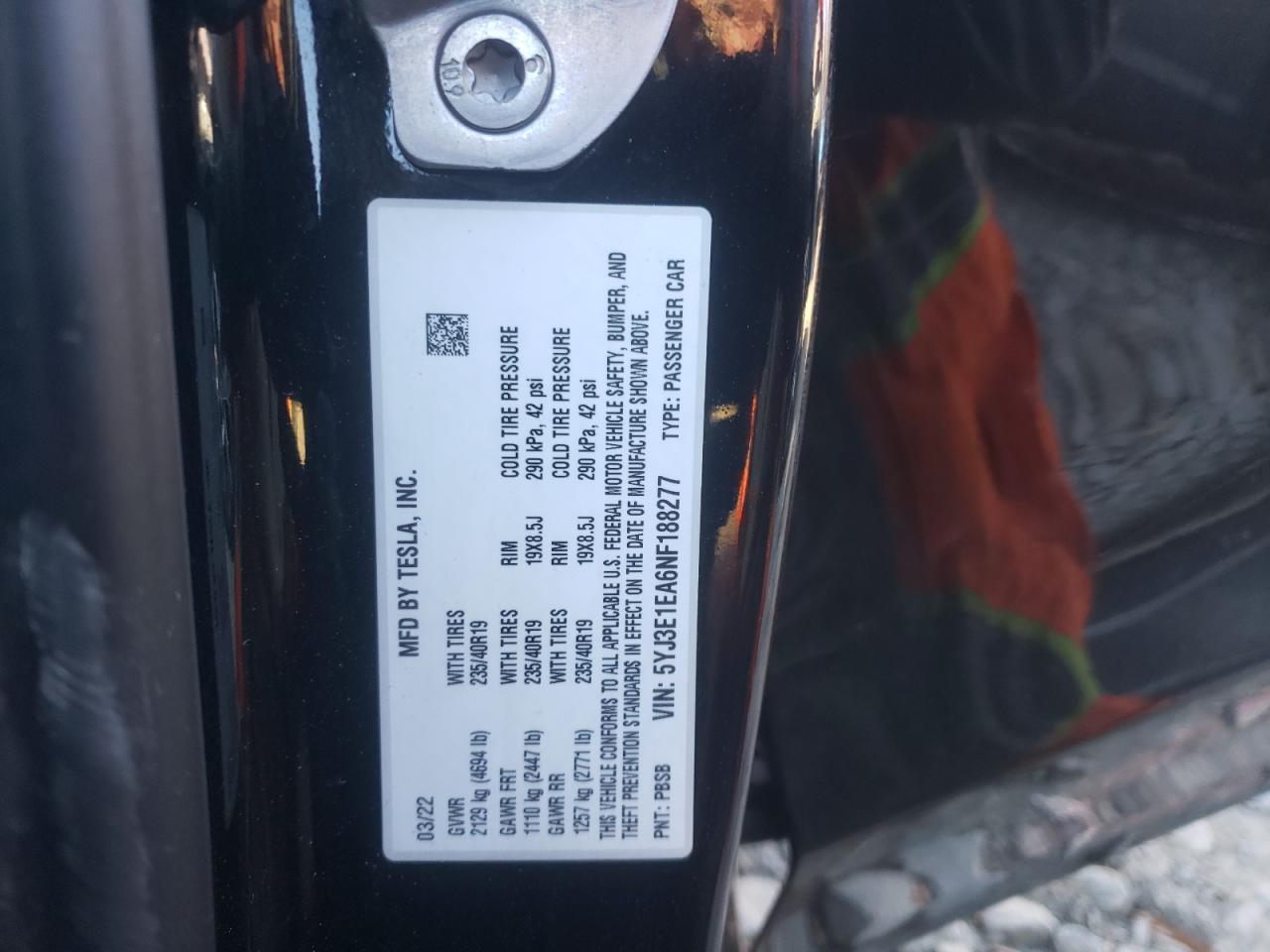 2022 TESLA MODEL 3  VIN:5YJ3E1EA6NF188277