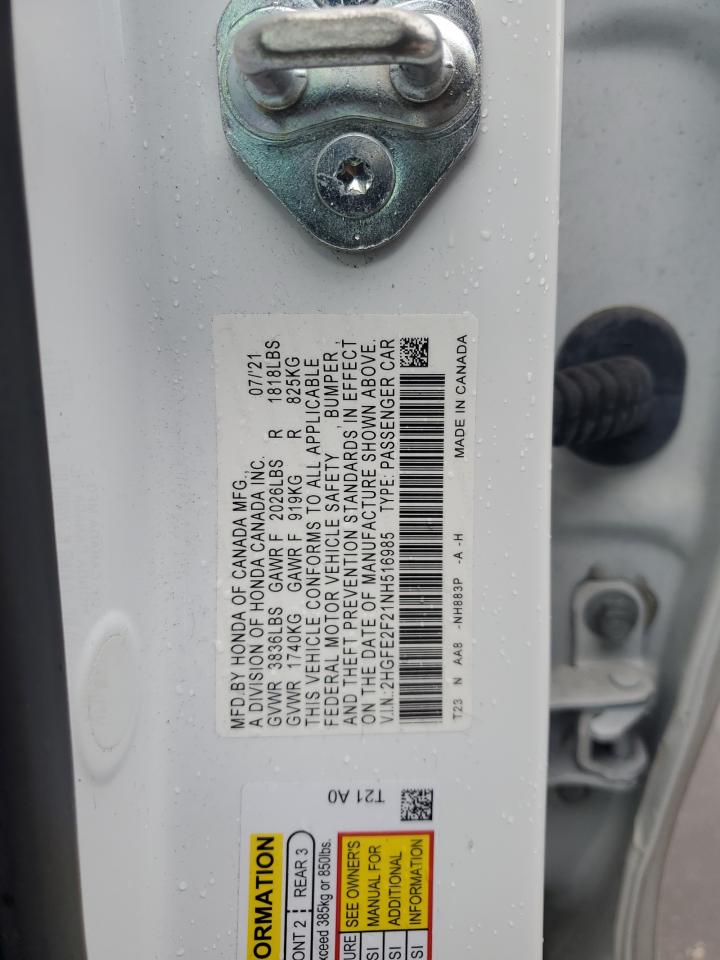 2022 HONDA CIVIC LX VIN:2HGFE2F21NH516985