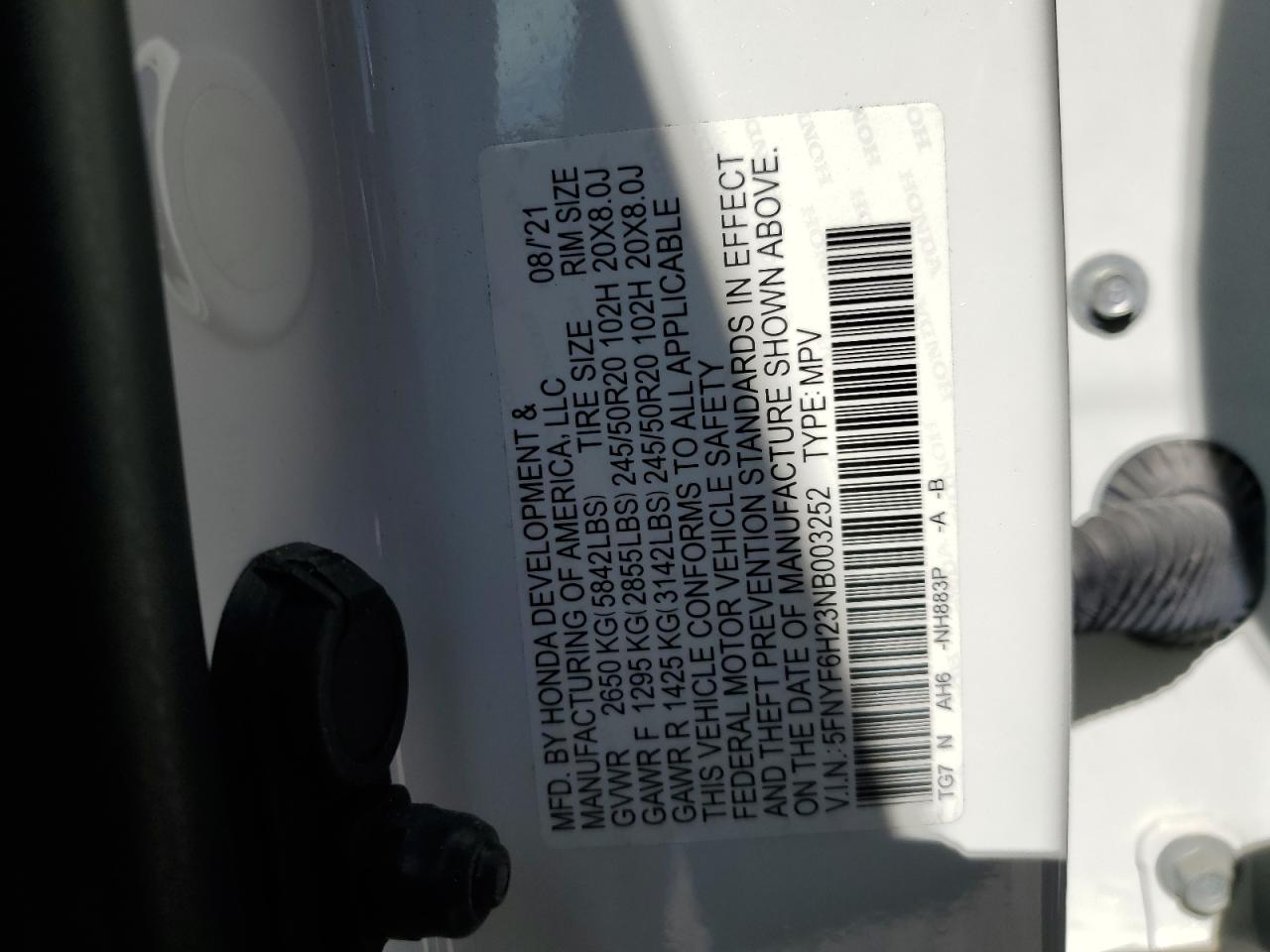 2022 HONDA PILOT SE VIN:5FNYF6H23NB003252