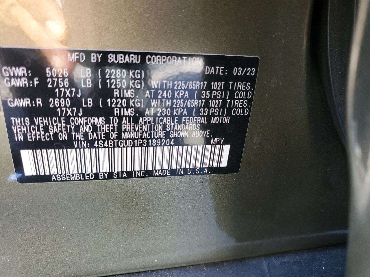 2023 SUBARU OUTBACK WILDERNESS VIN:4S4BTGUD1P3189204