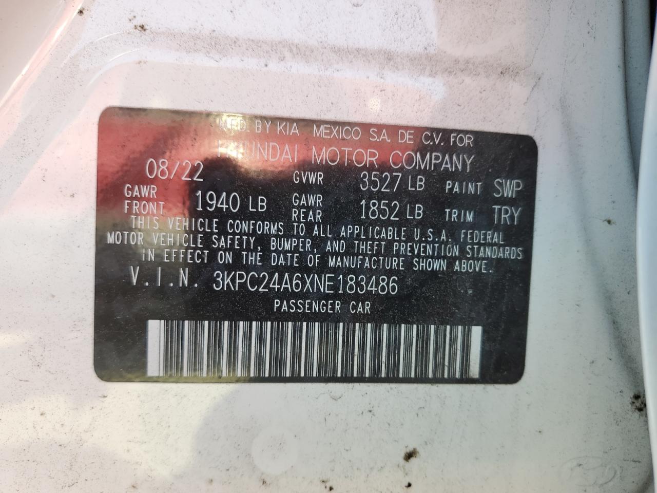 2022 HYUNDAI ACCENT SE VIN:3KPC24A6XNE183486