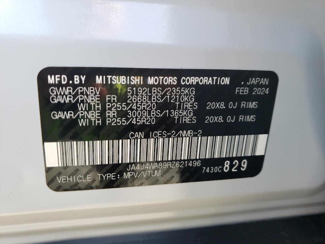 2024 MITSUBISHI OUTLANDER SEL VIN:JA4J4WA89RZ621496