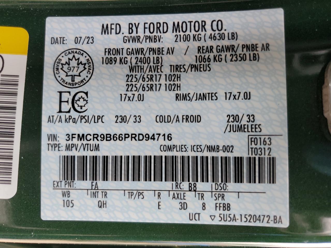 2023 FORD BRONCO SPORT BIG BEND VIN:3FMCR9B66PRD94716