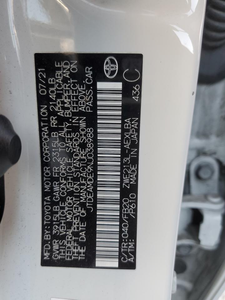 2022 TOYOTA COROLLA LE VIN:JTDEAMDE9NJ038988