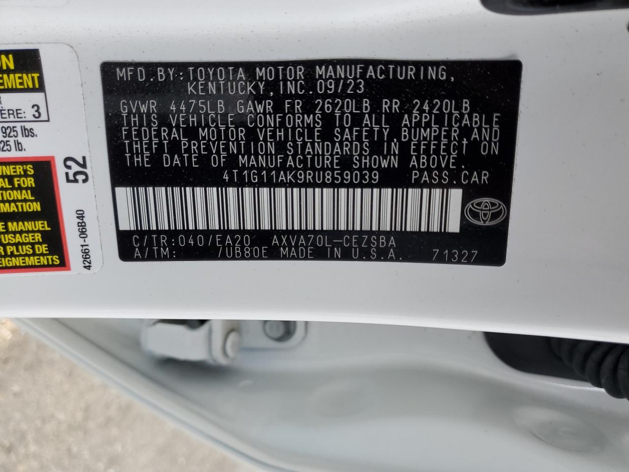 2024 TOYOTA CAMRY SE NIGHT SHADE VIN:4T1G11AK9RU859039