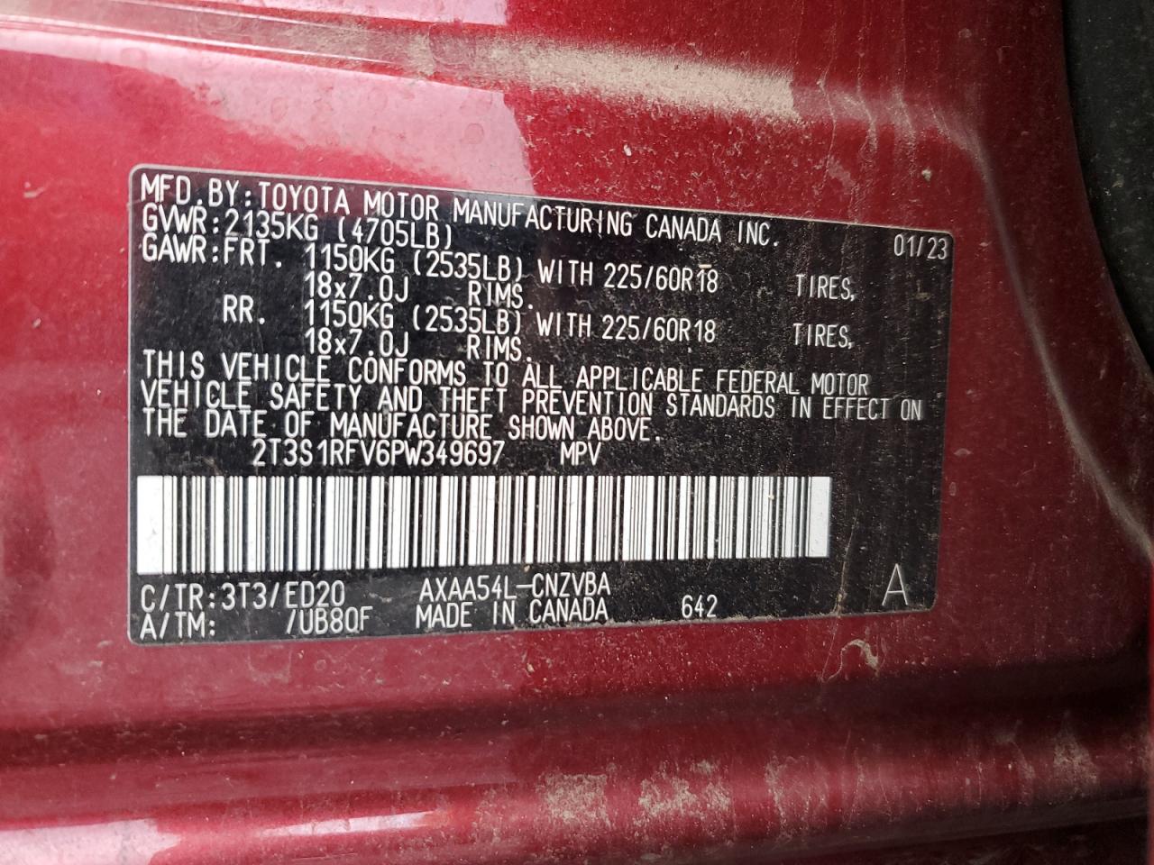 2023 TOYOTA RAV4 TRD OFF ROAD VIN:2T3S1RFV6PW349697