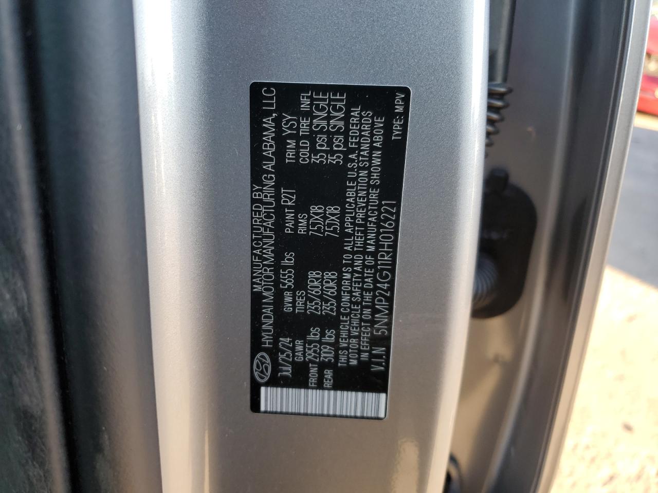 2024 HYUNDAI SANTA FE SEL VIN:5NMP24G11RH016221