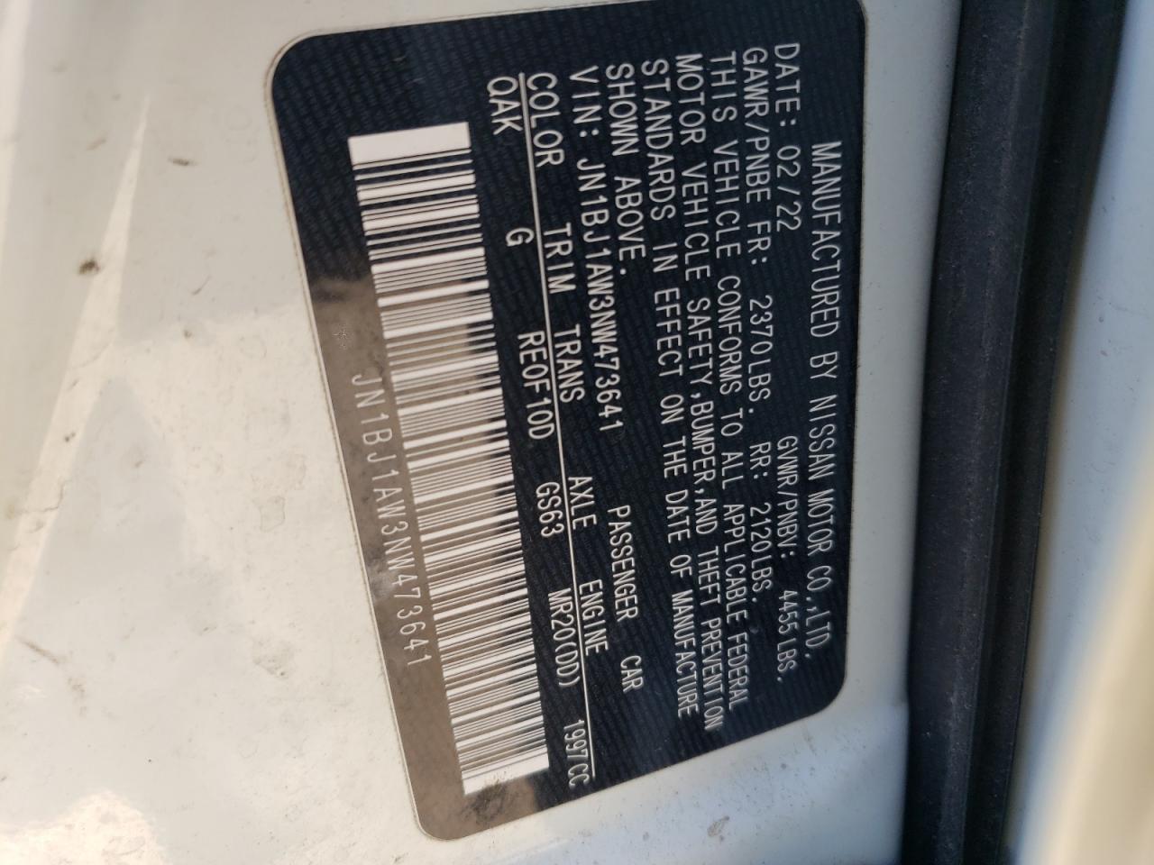 2022 NISSAN ROGUE SPORT S VIN:JN1BJ1AW3NW473641