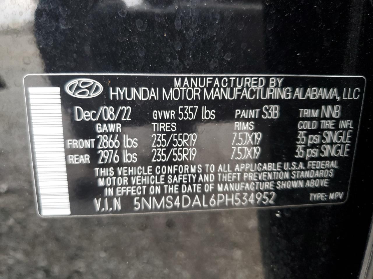 2023 HYUNDAI SANTA FE LIMITED VIN:5NMS4DAL6PH534952