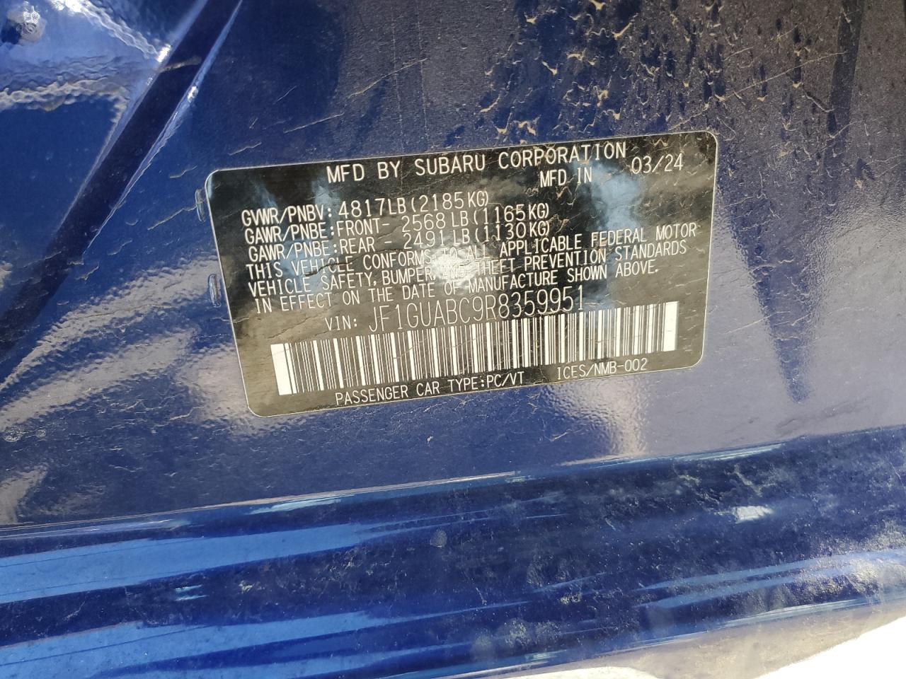 2024 SUBARU IMPREZA  VIN:JF1GUABC9R8359951