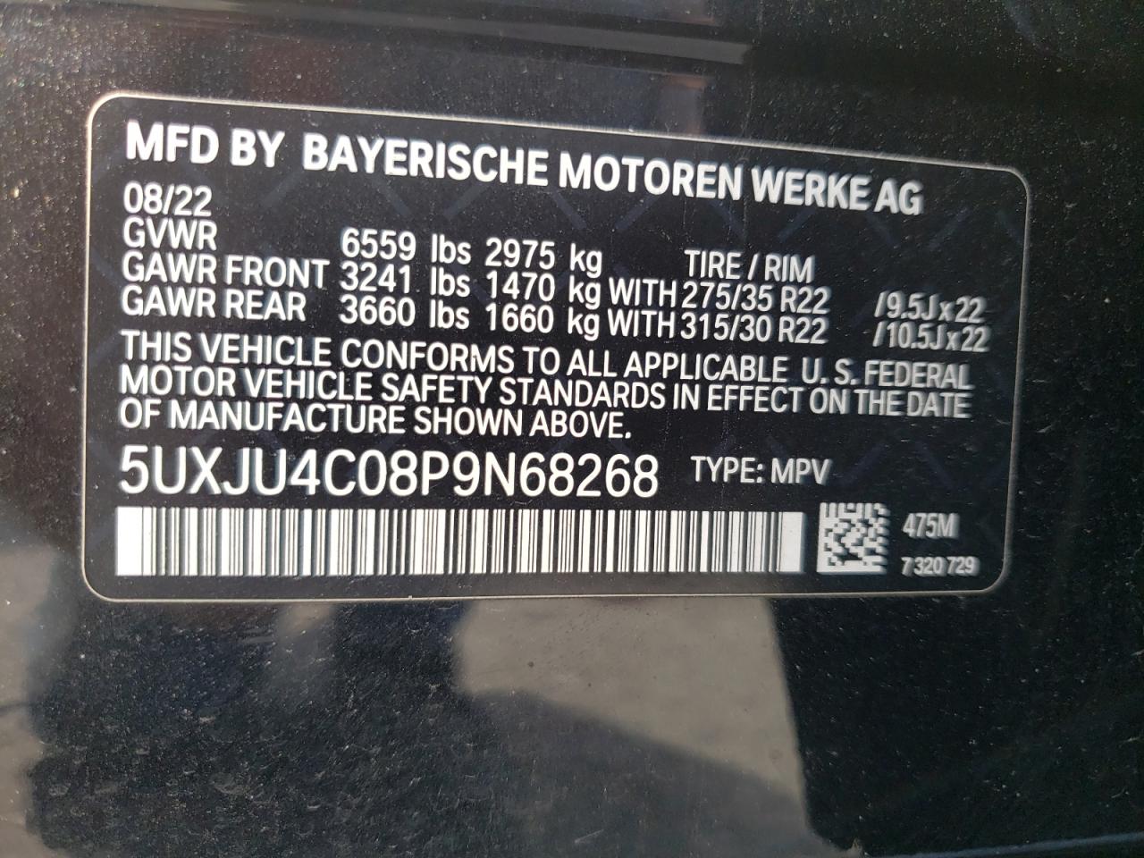 2023 BMW X5 M50I VIN:5UXJU4C08P9N68268