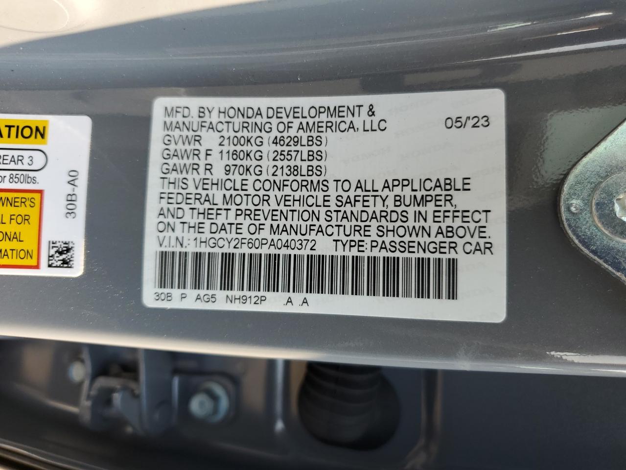 2023 HONDA ACCORD HYBRID EXL VIN:1HGCY2F60PA040372