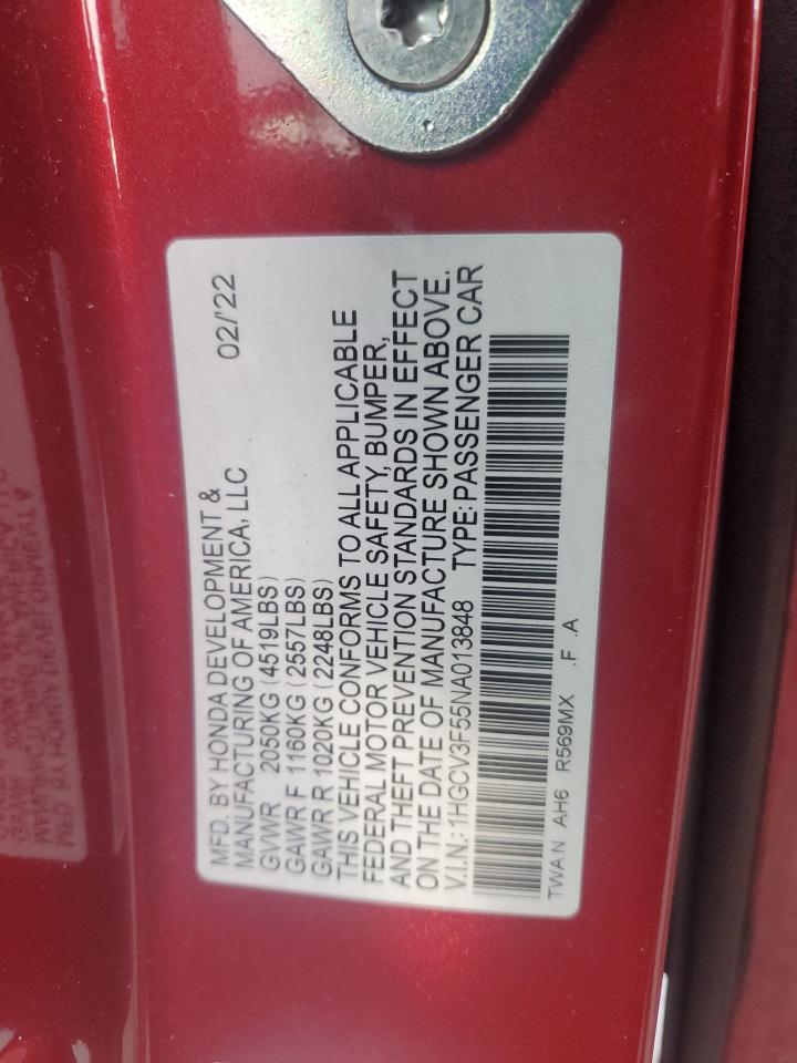 2022 HONDA ACCORD HYBRID EXL VIN:1HGCV3F55NA013848