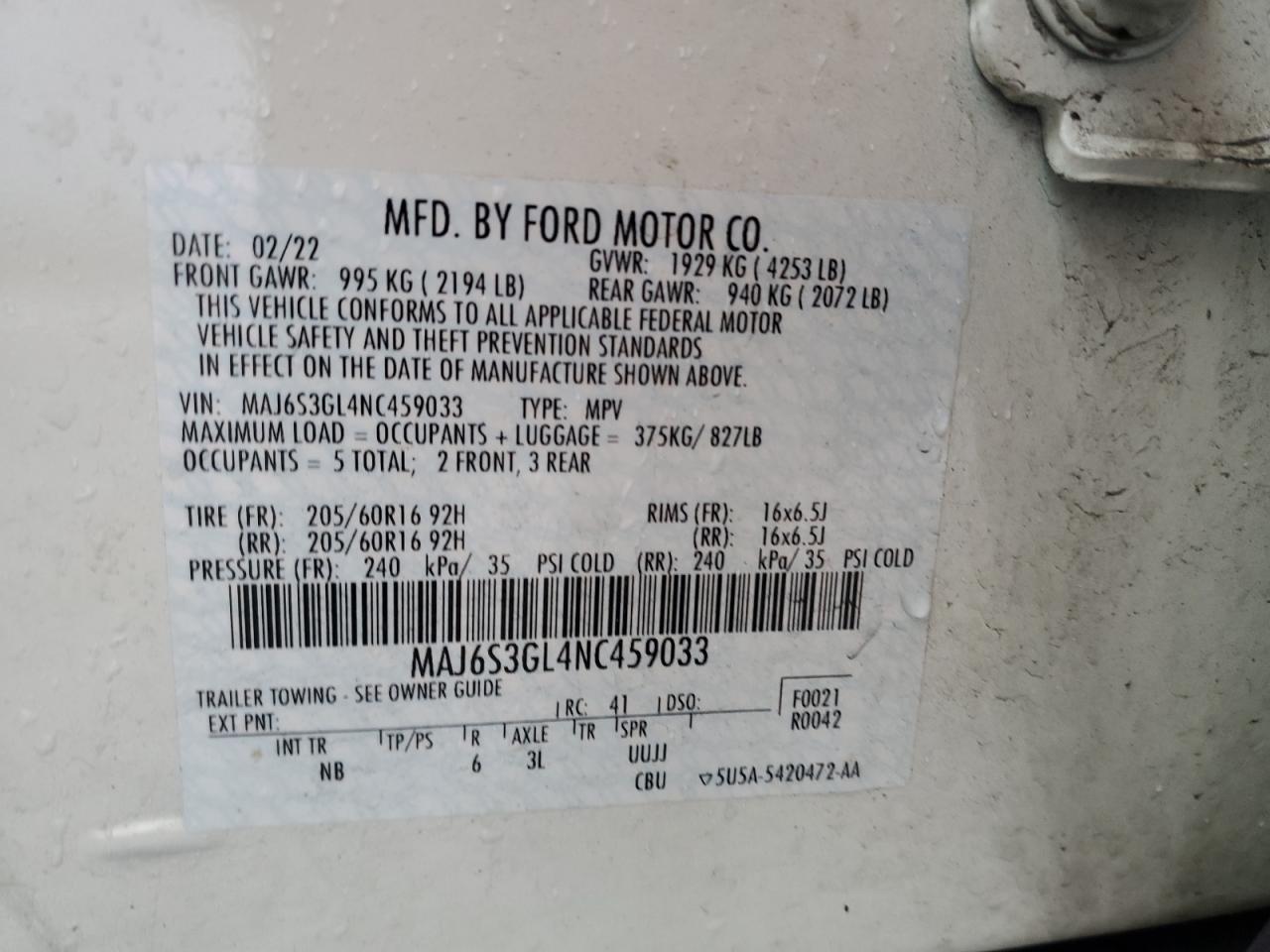 2022 FORD ECOSPORT SE VIN:MAJ6S3GL4NC459033