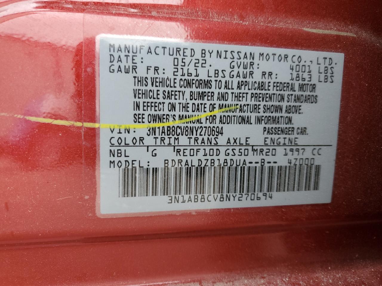 2022 NISSAN SENTRA SV VIN:3N1AB8CV8NY270694