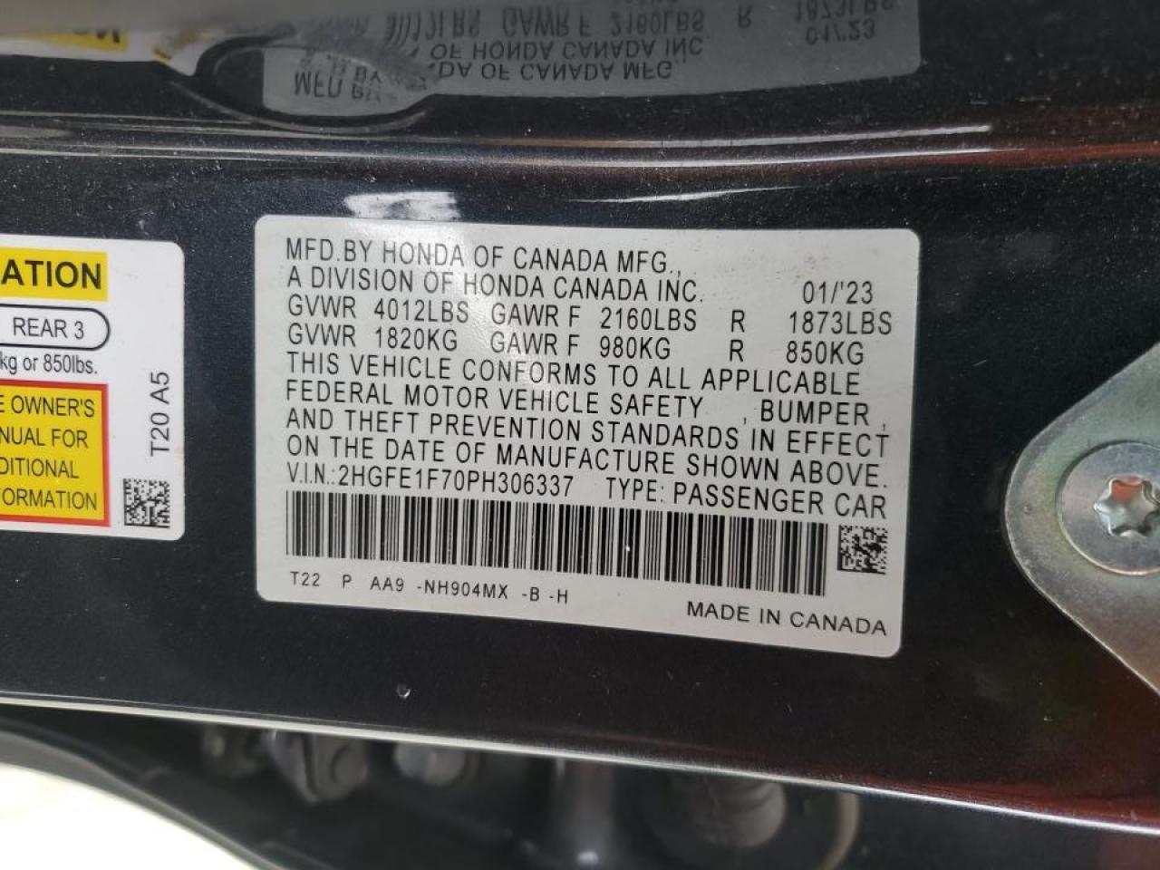 2023 HONDA CIVIC EX VIN:2HGFE1F70PH306337