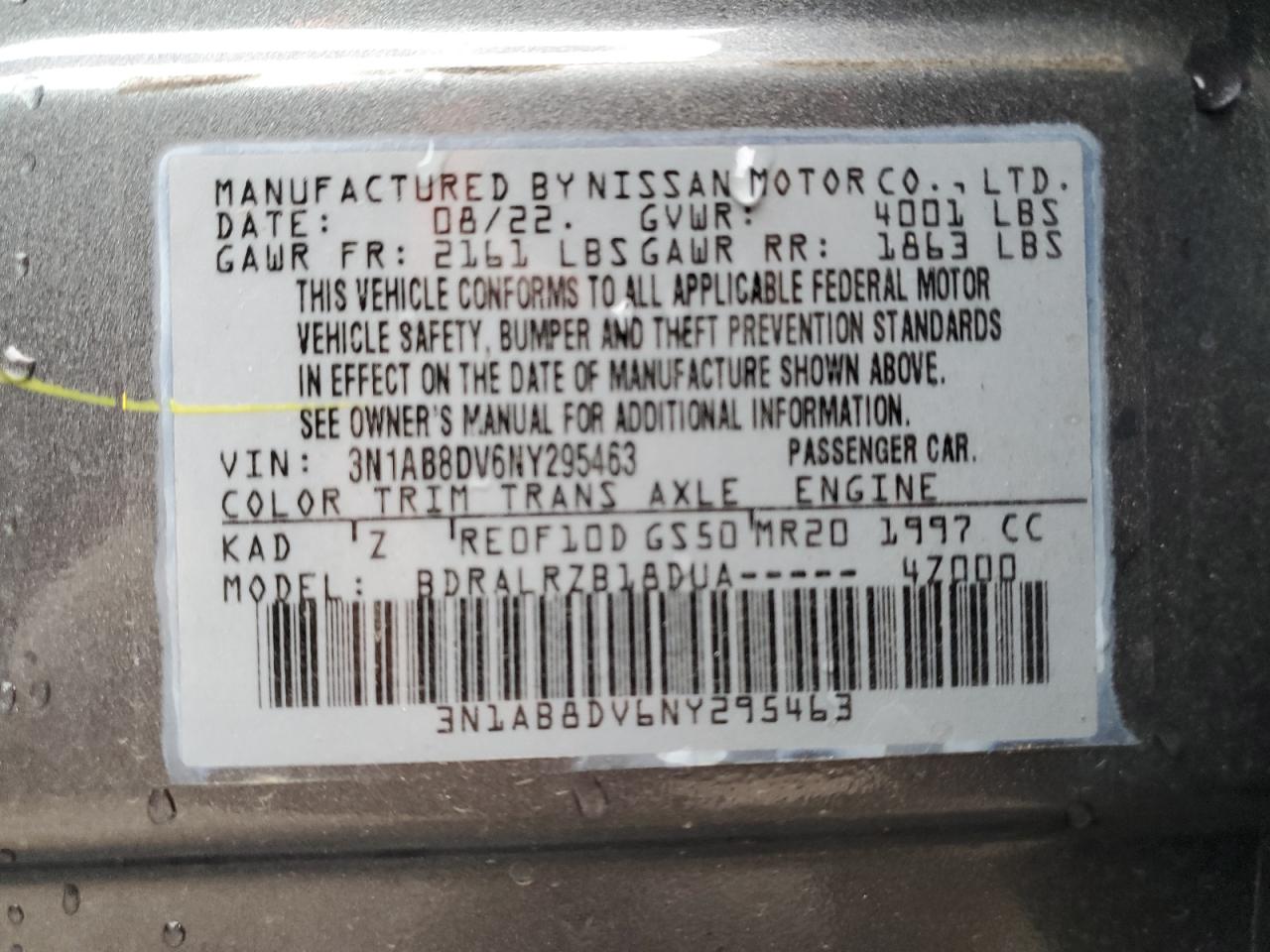 2022 NISSAN SENTRA SR VIN:3N1AB8DV6NY295463