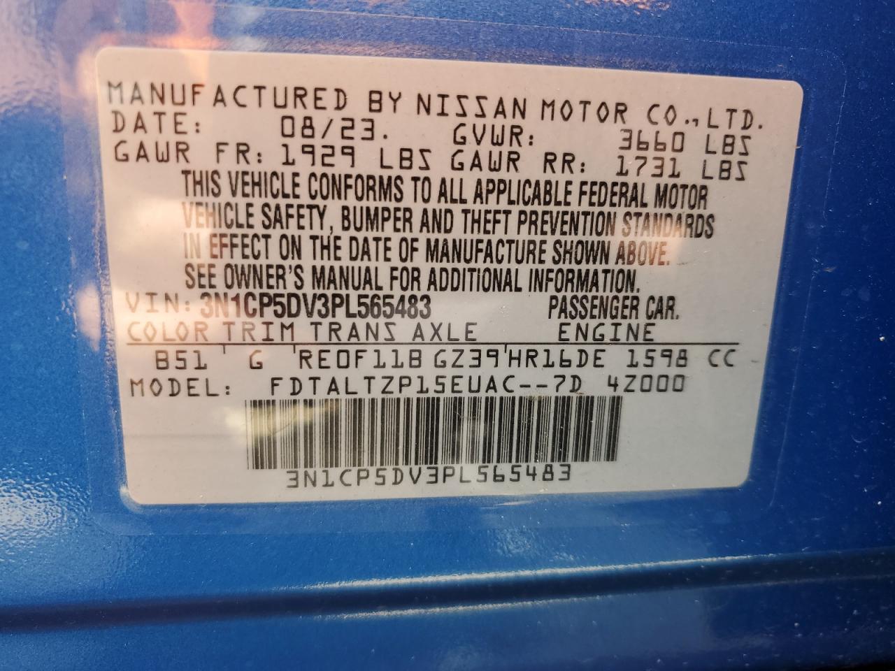 2023 NISSAN KICKS SR VIN:3N1CP5DV3PL565483