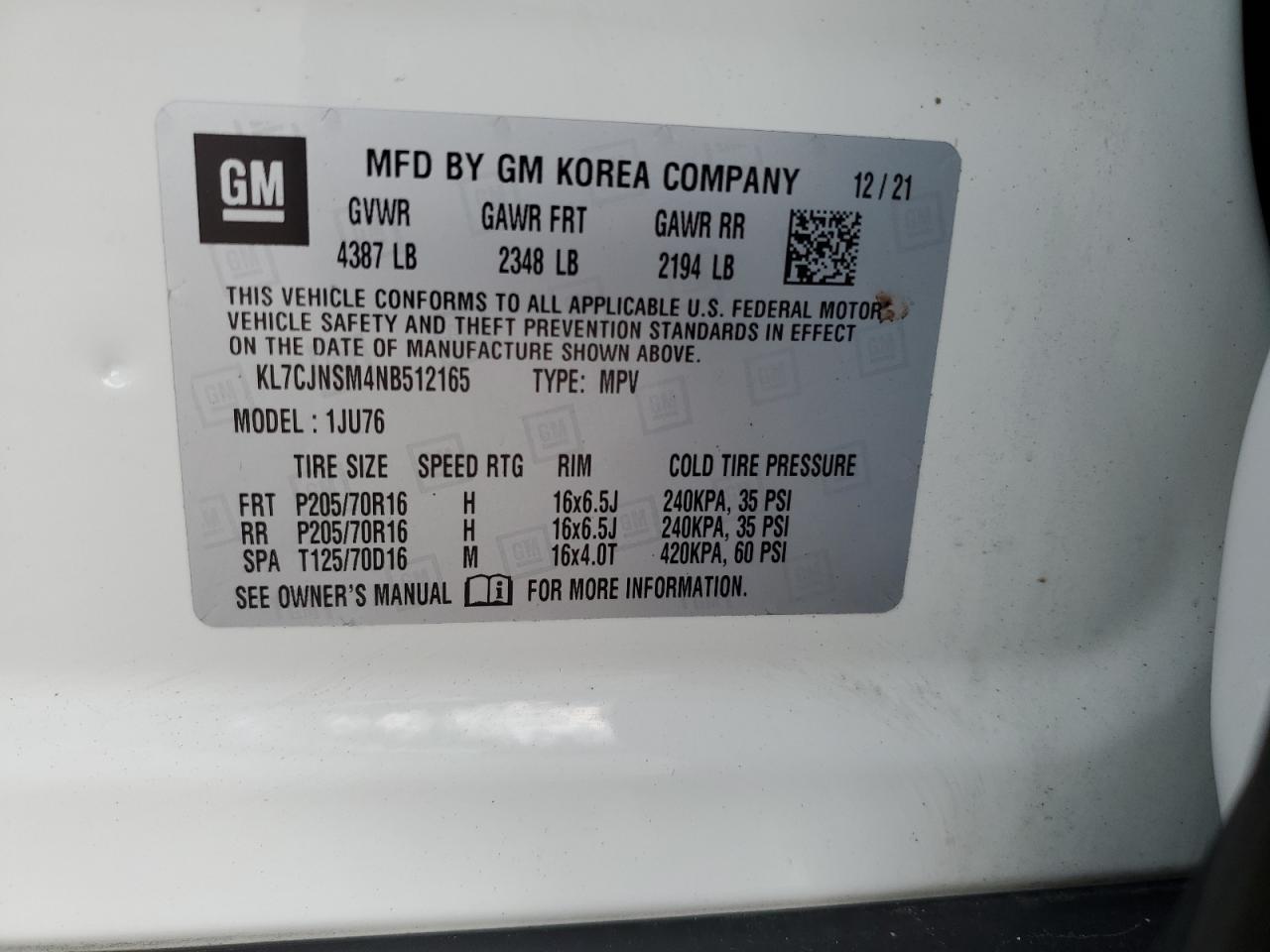 2022 CHEVROLET TRAX LS VIN:KL7CJNSM4NB512165