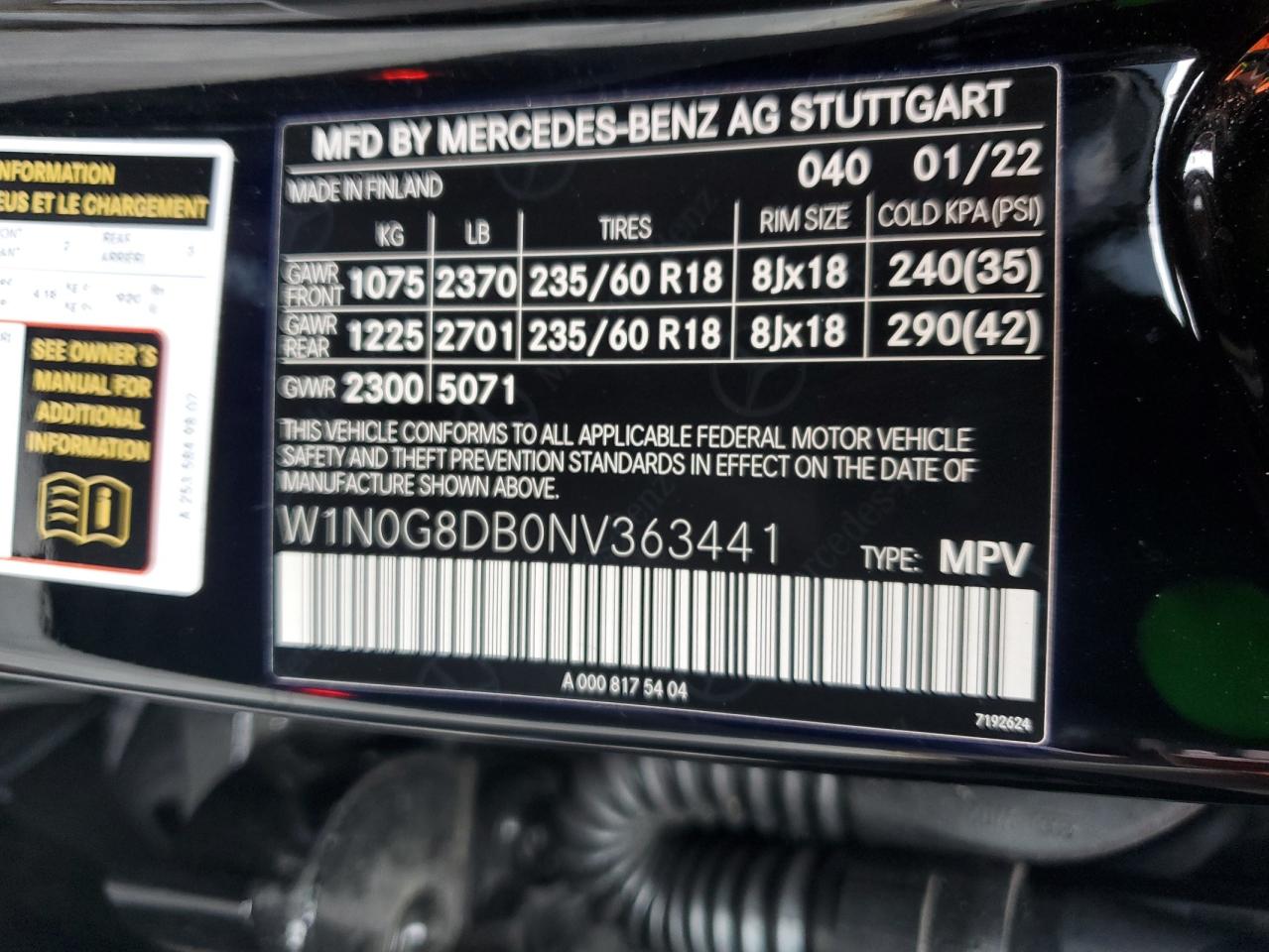 2022 MERCEDES-BENZ GLC 300 VIN:W1N0G8DB0NV363441