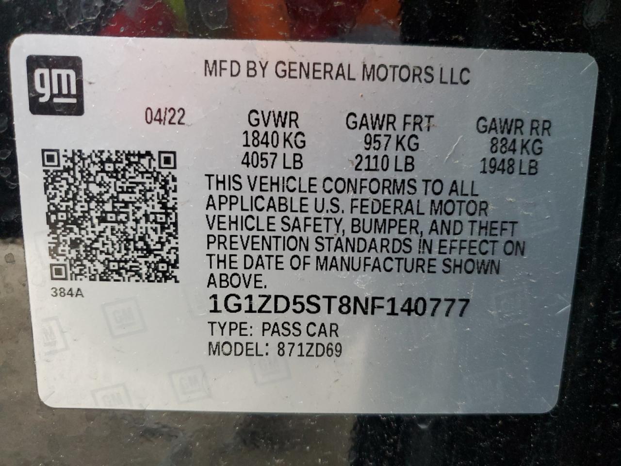 2022 CHEVROLET MALIBU LT VIN:1G1ZD5ST8NF140777