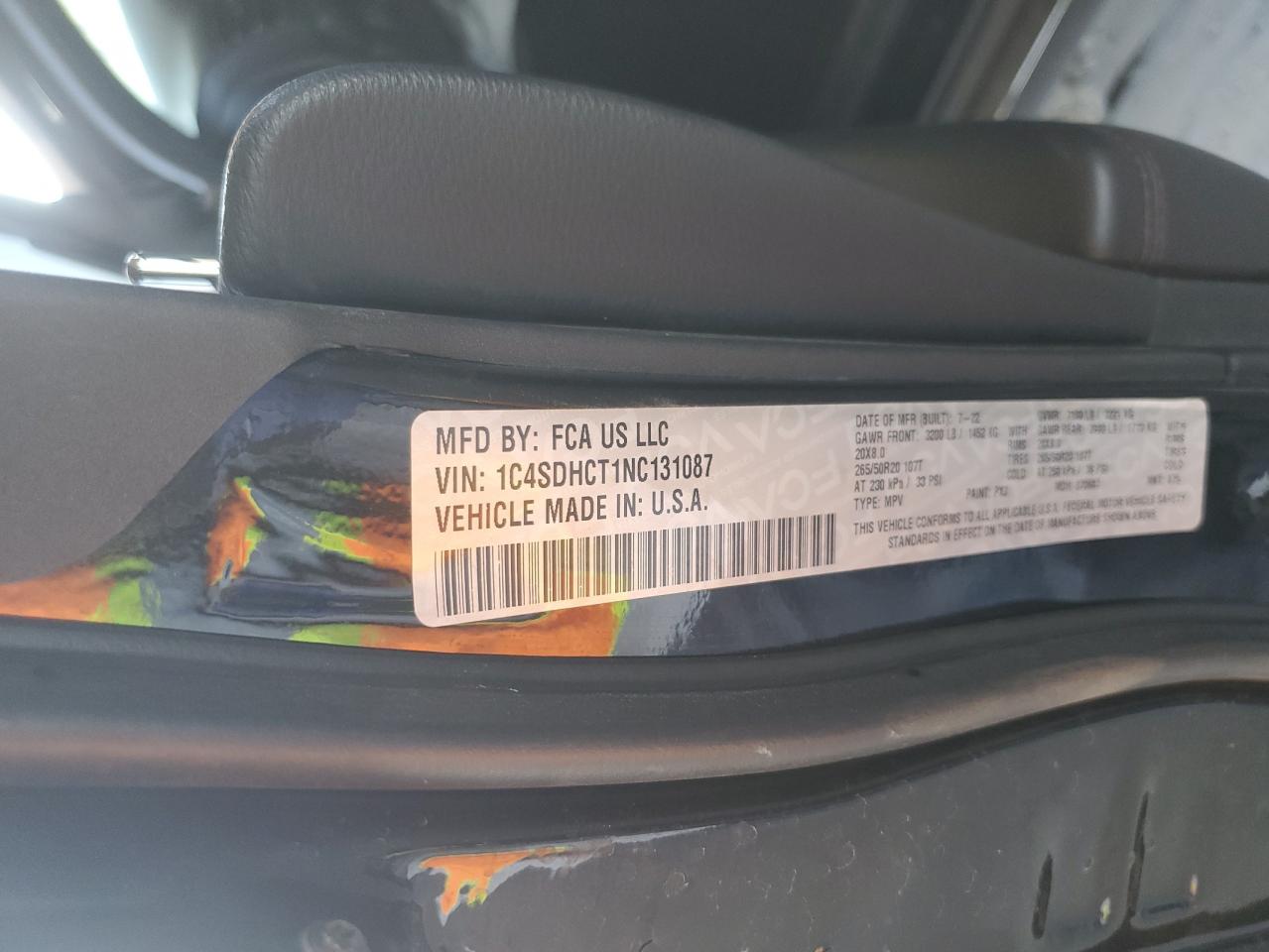 2022 DODGE DURANGO R/T VIN:1C4SDHCT1NC131087