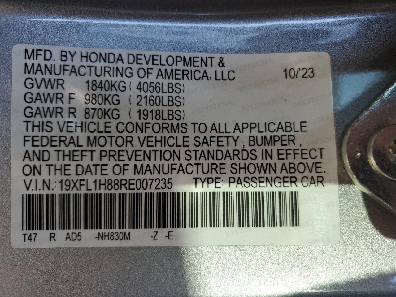 2024 HONDA CIVIC SPORT TOURING VIN:19XFL1H88RE007235