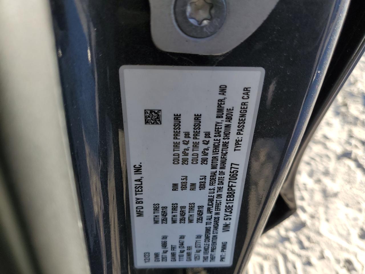 2023 TESLA MODEL 3  VIN:5YJ3E1EB8PF706577