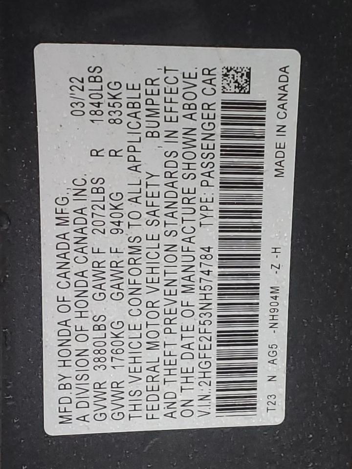 2022 HONDA CIVIC SPORT VIN:2HGFE2F53NH574784