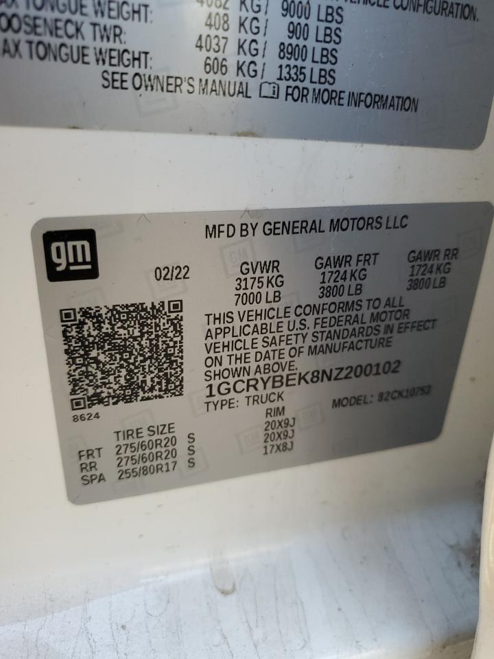 2022 CHEVROLET SILVERADO LTD K1500 CUSTOM VIN:1GCRYBEK8NZ200102