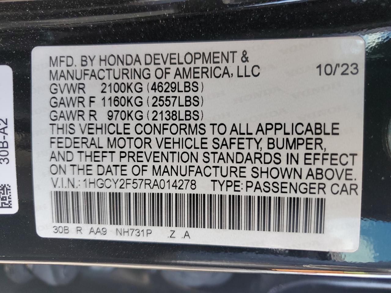 2024 HONDA ACCORD HYBRID SPORT VIN:1HGCY2F57RA014278