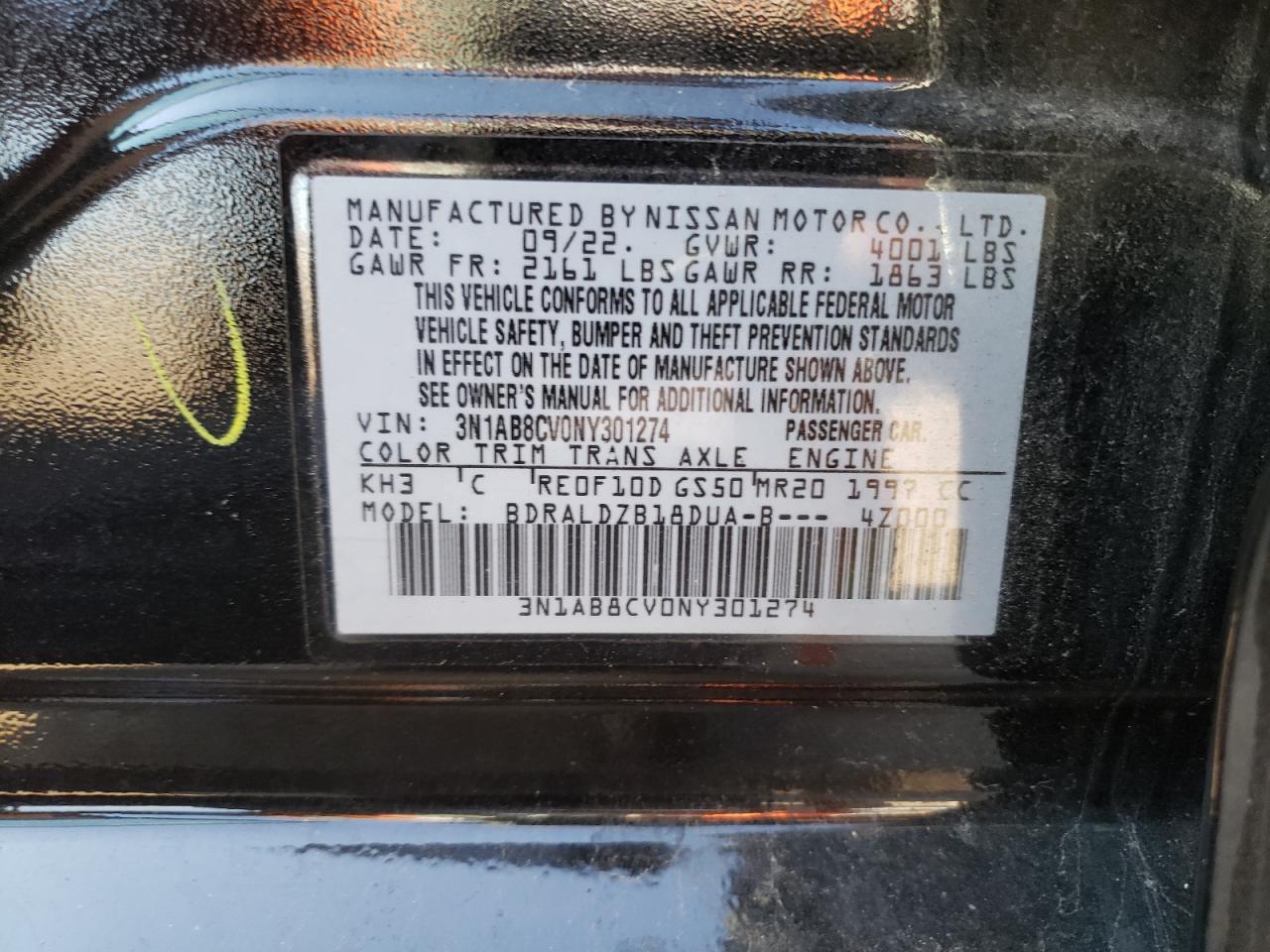 2022 NISSAN SENTRA SV VIN:3N1AB8CV0NY301274