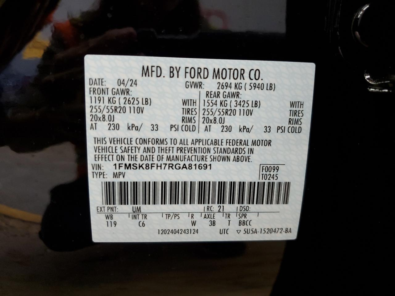 2024 FORD EXPLORER LIMITED VIN:1FMSK8FH7RGA81691