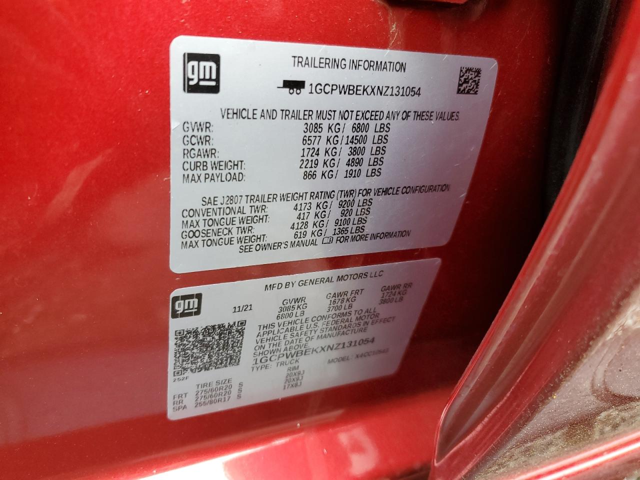 2022 CHEVROLET SILVERADO LTD C1500 CUSTOM VIN:1GCPWBEKXNZ131054