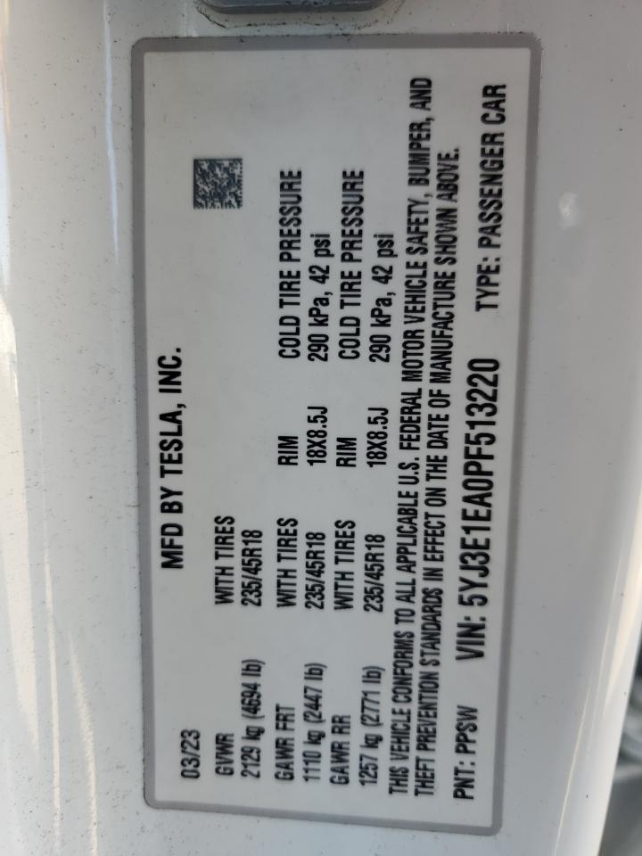 2023 TESLA MODEL 3  VIN:5YJ3E1EA0PF513220