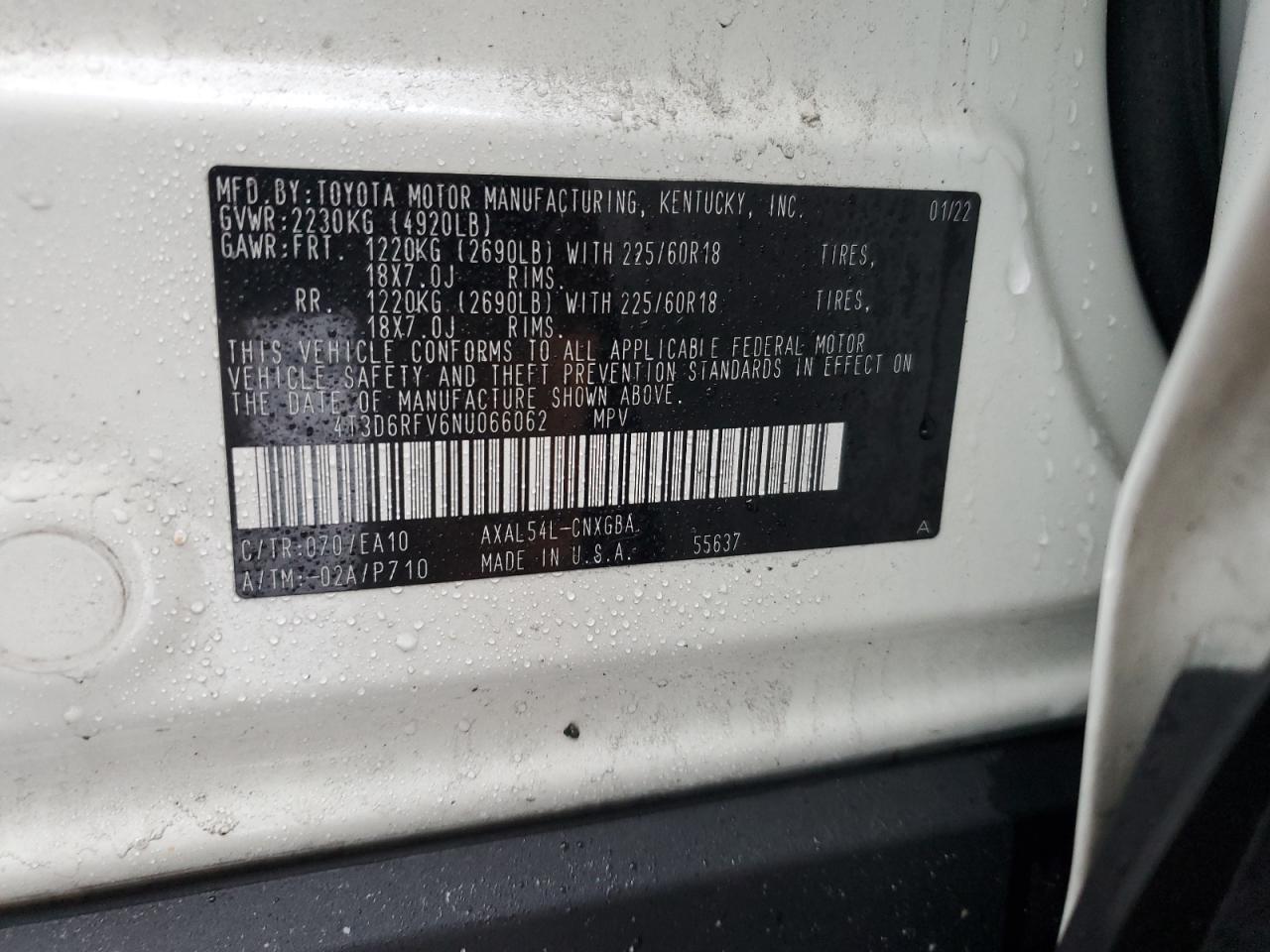 2022 TOYOTA RAV4 LIMITED VIN:4T3D6RFV6NU066062