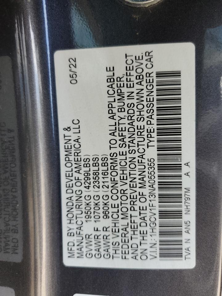2022 HONDA ACCORD LX VIN:1HGCV1F13NA055355