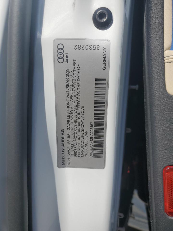 2022 AUDI A4 PREMIUM PLUS 45 VIN:WAUEAAF42NA008487