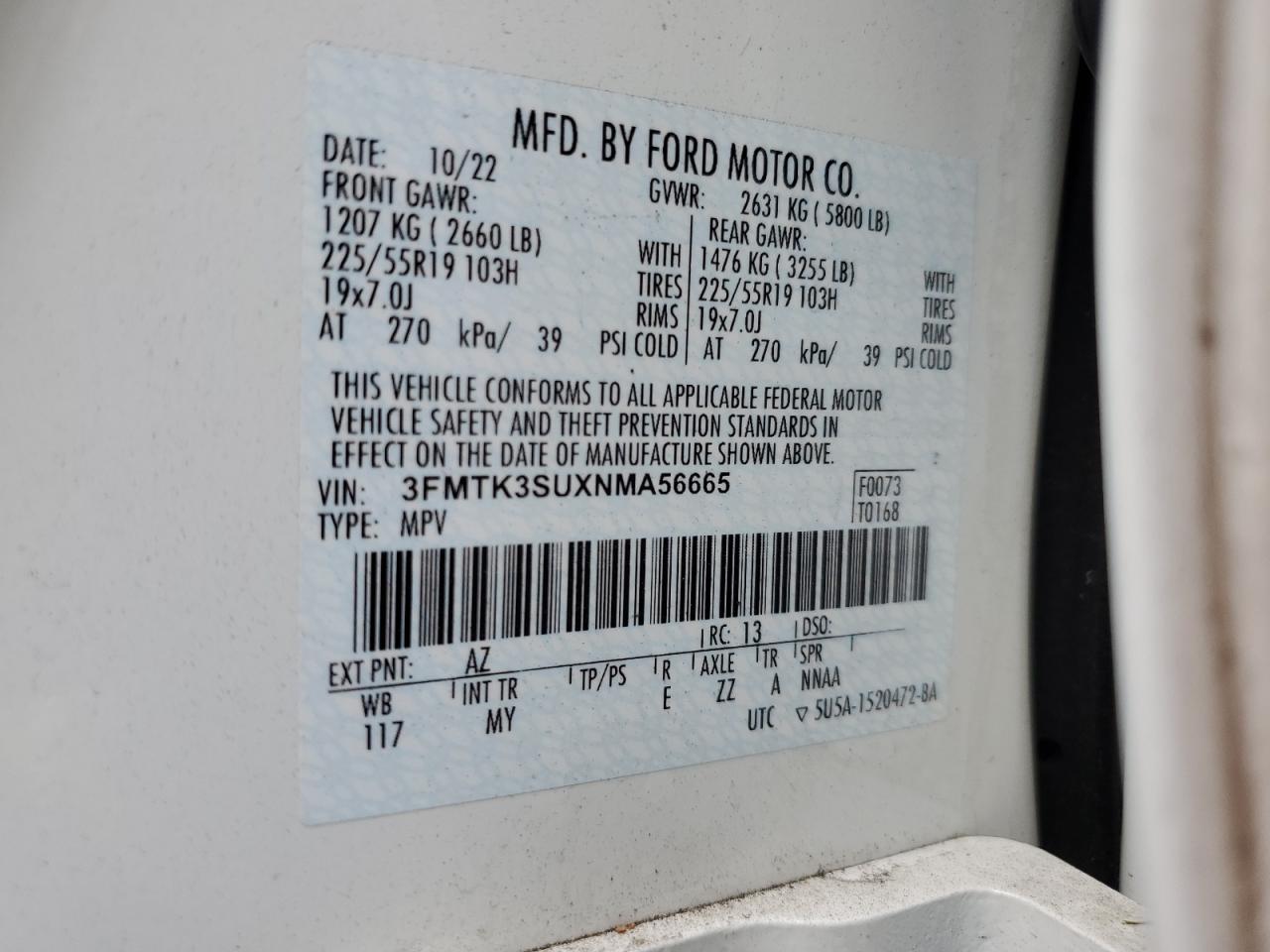 2022 FORD MUSTANG MACH-E PREMIUM VIN:3FMTK3SUXNMA56665