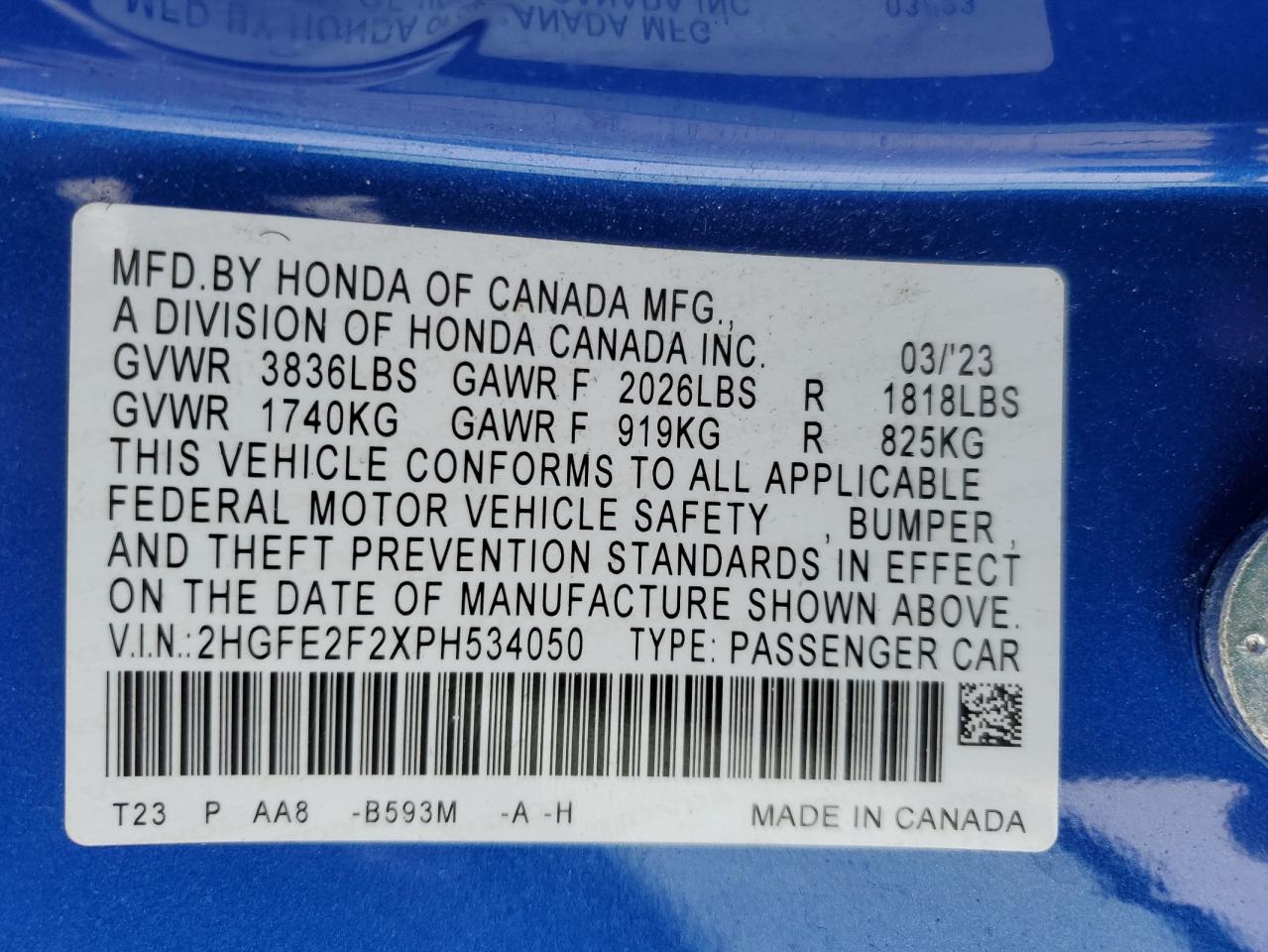 2023 HONDA CIVIC LX VIN:2HGFE2F2XPH534050