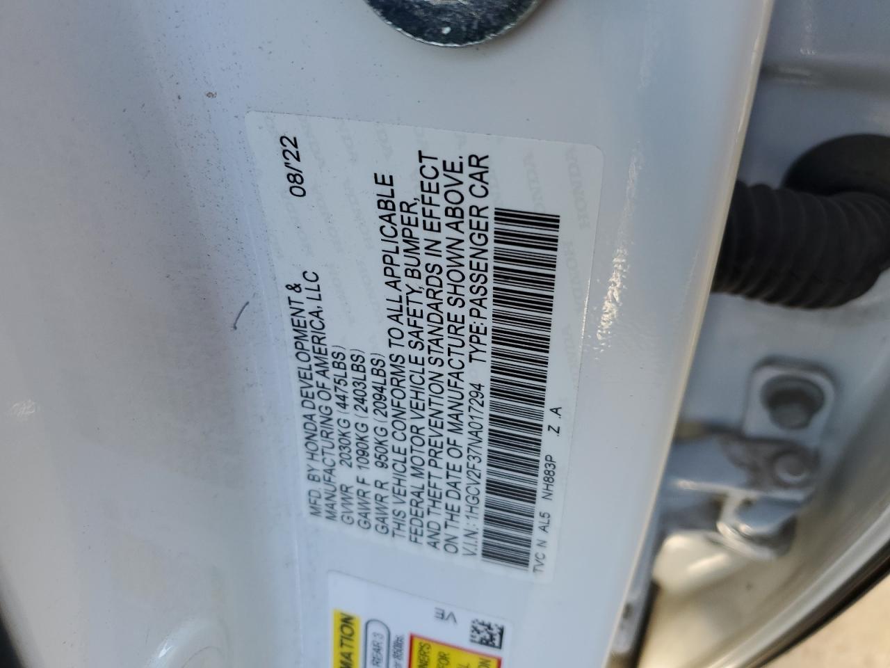 2022 HONDA ACCORD SPORT VIN:1HGCV2F37NA017294